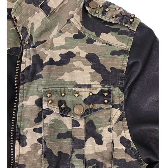 Blanc Noir Camo Anorak Utility Jacket Full Zip Black Faux Leather Sleeves Small - Picture 6 of 14